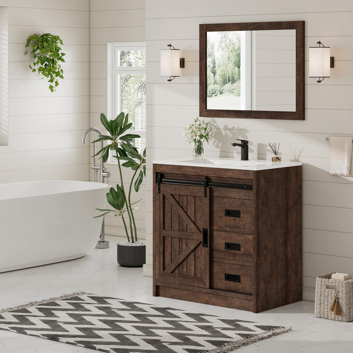 Sliding Barn Door Bathroom Vanity with Sink, 31in Farmhouse Bathroom Vanity Cabinet