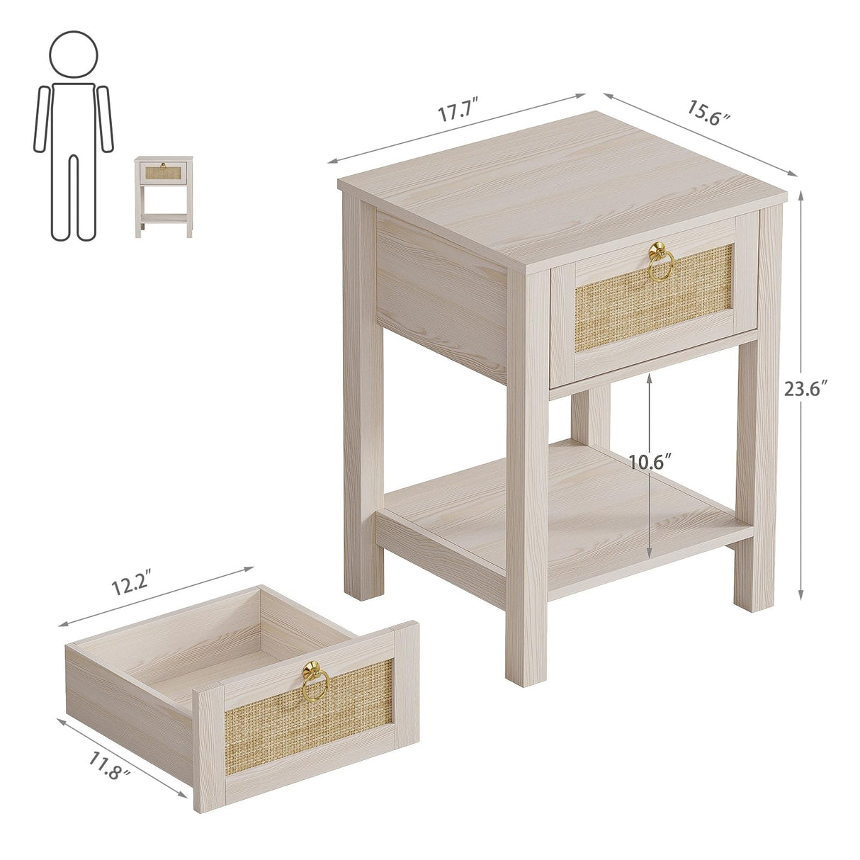 Rattan White Nightstand Set of 2: Sturdy Wood Night Stand
