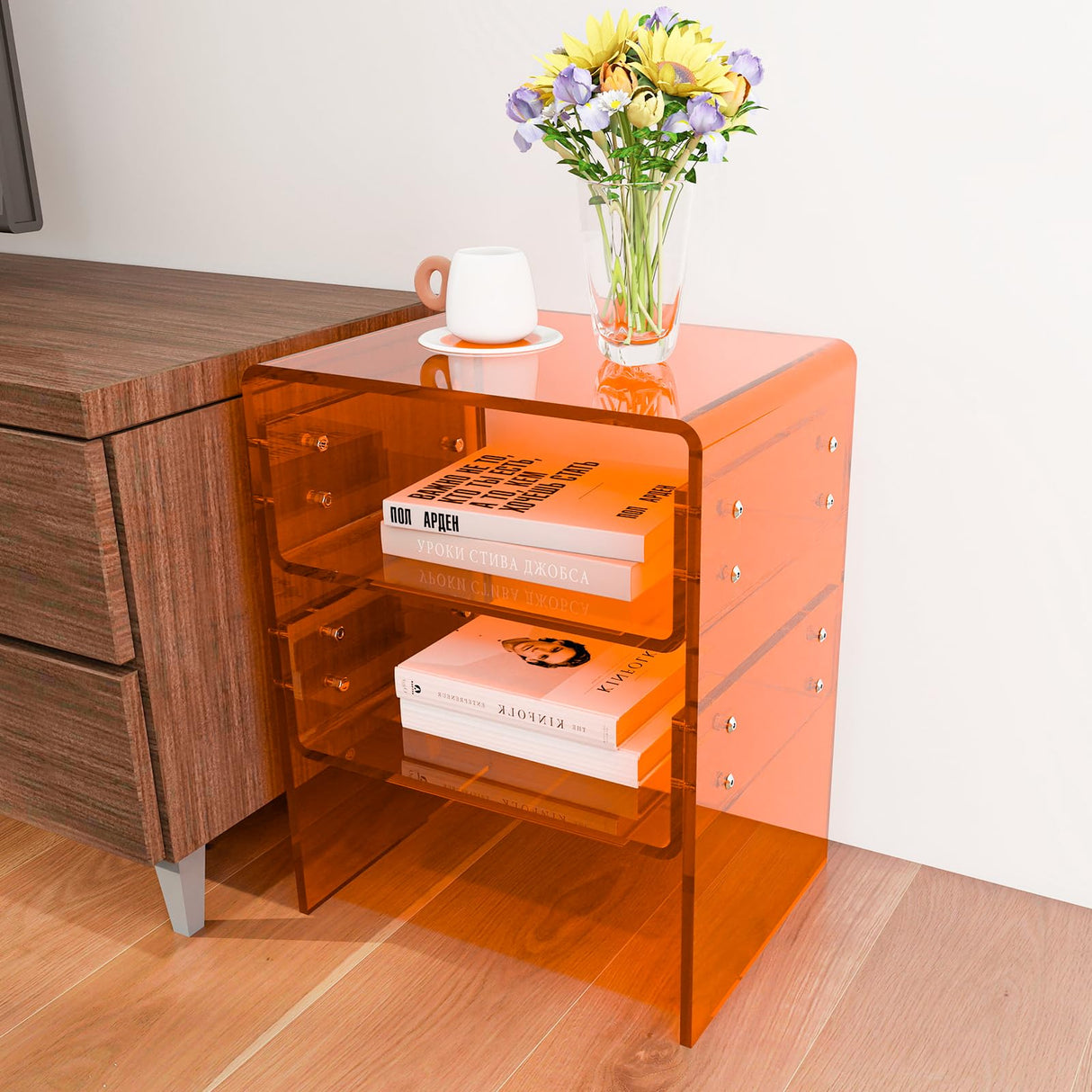 3 Tier Storage Shelf, Orange Acrylic Nightstand