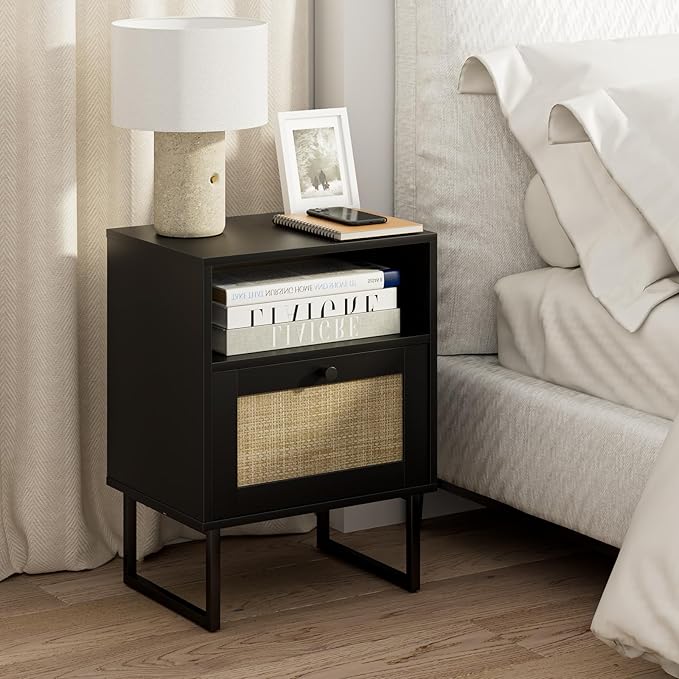Rattan Nightstand,Modern Boho Farmhouse Wood Bedside Table