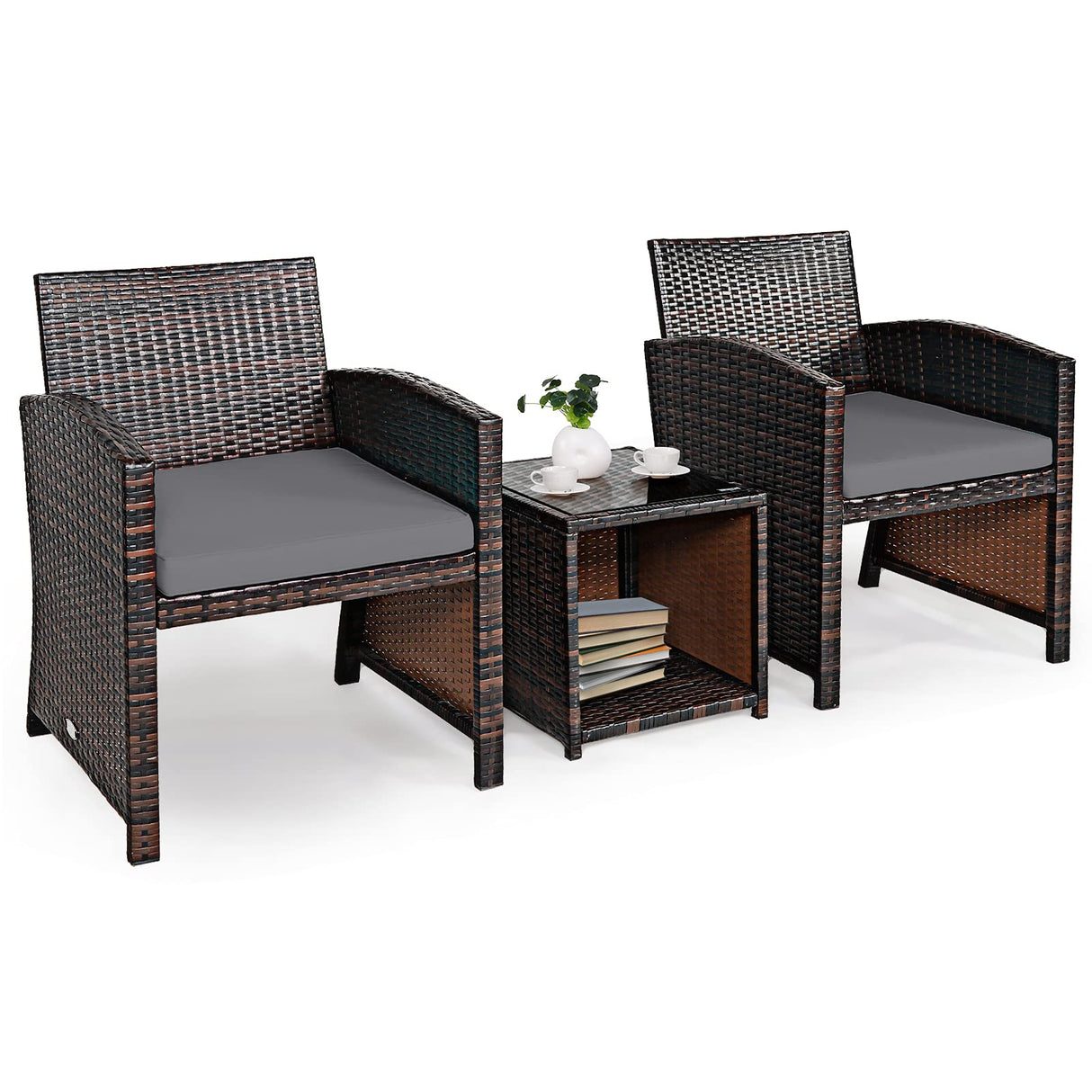 3-Piece Outdoor PE Rattan Furniture Set, Patio Conversation Set w/Chair & Storage Coffee Table