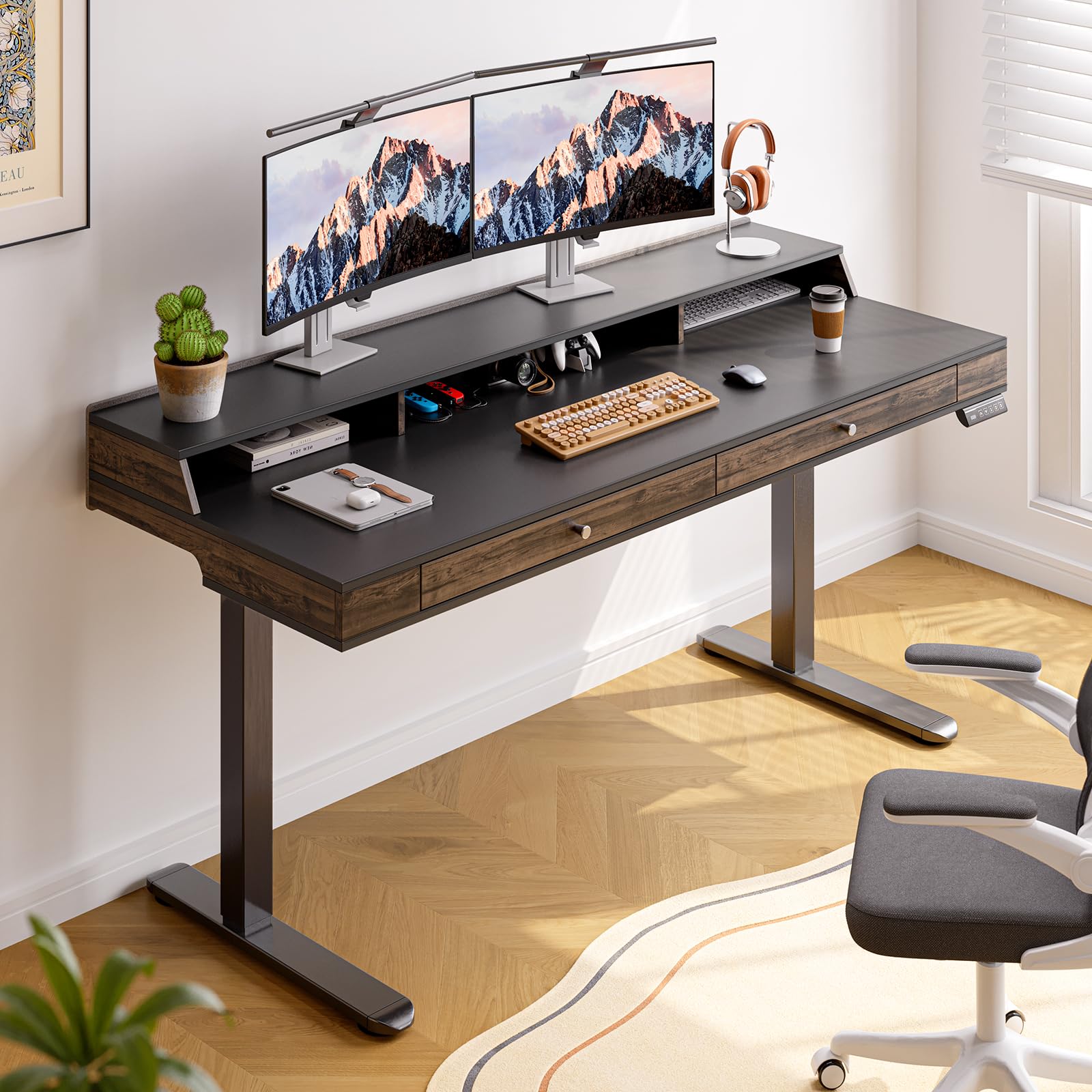 Standing Desk with Drawers, 55.1x23.6 Inch Electric Stand Up Desk with Storage Shelf and Memory