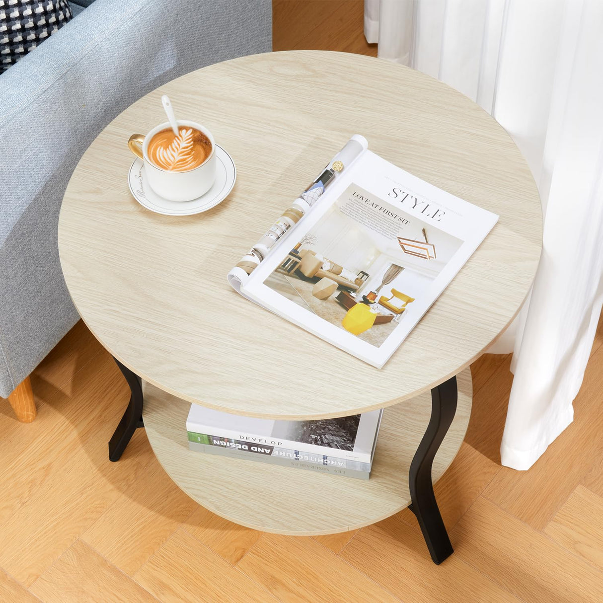 Small Round Coffee Table with Open Storage,23" 2-Tier Coffee Side Tables for Small