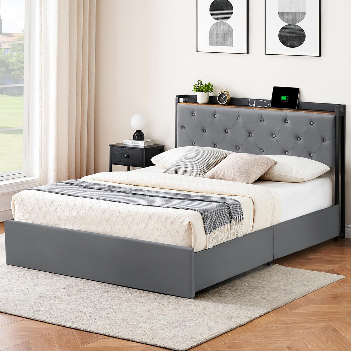 Queen Size Bed Frame with Headboard and 4 Storage Drawers Velvet Upholstered