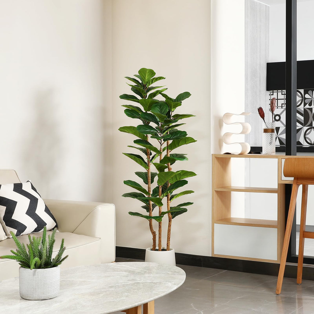 Artificial Fiddle Leaf Fig Tree with White Planter,5ft Tall Fake Tree with Natural Wood