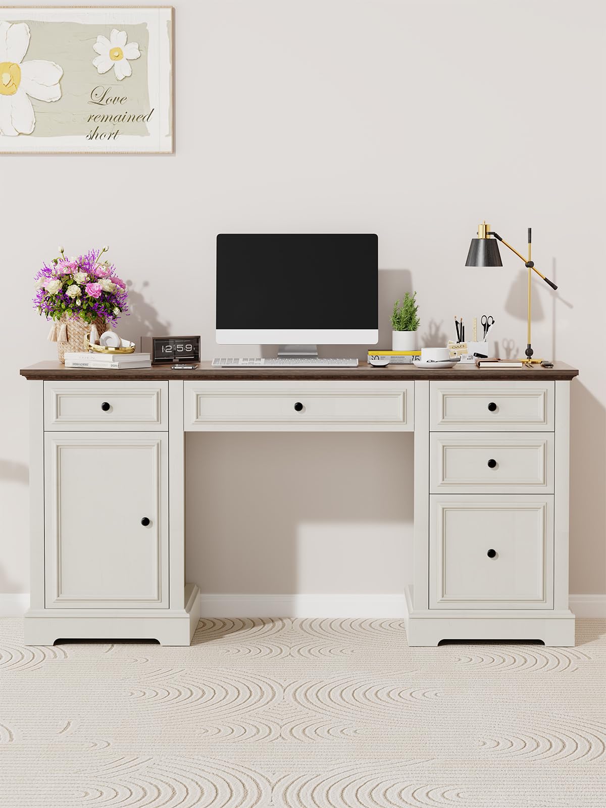 Farmhouse Executive Desk with Drawers and Cabinet, Embossed Texture Wood Home