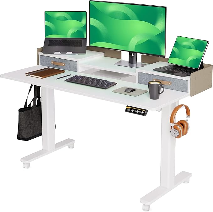 Desk with Drawers, Adjustable Height Stand up Desk with Storage Shelf, Electric Small Sit Stand Desk with Splice Board, 48 Inch, White