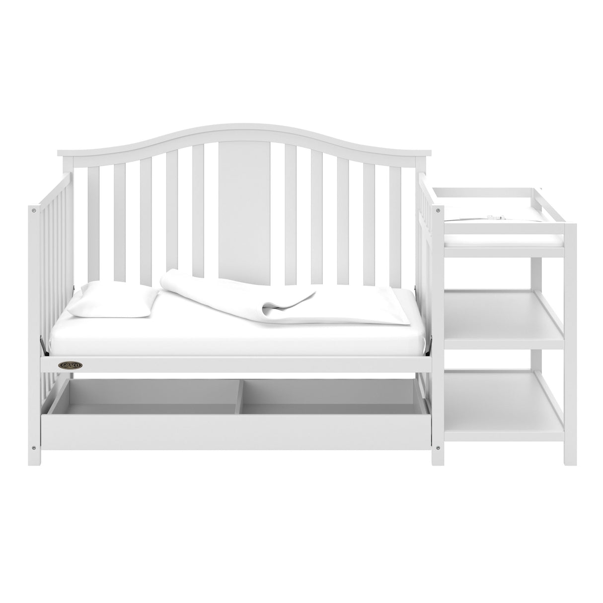 Solano 4-in-1 Convertible Crib and Changer with Drawer (White) – Crib and Changing Table Combo with Drawer, Includes Changing Pad, Converts to Toddler Bed, Daybed and Full-Size Bed