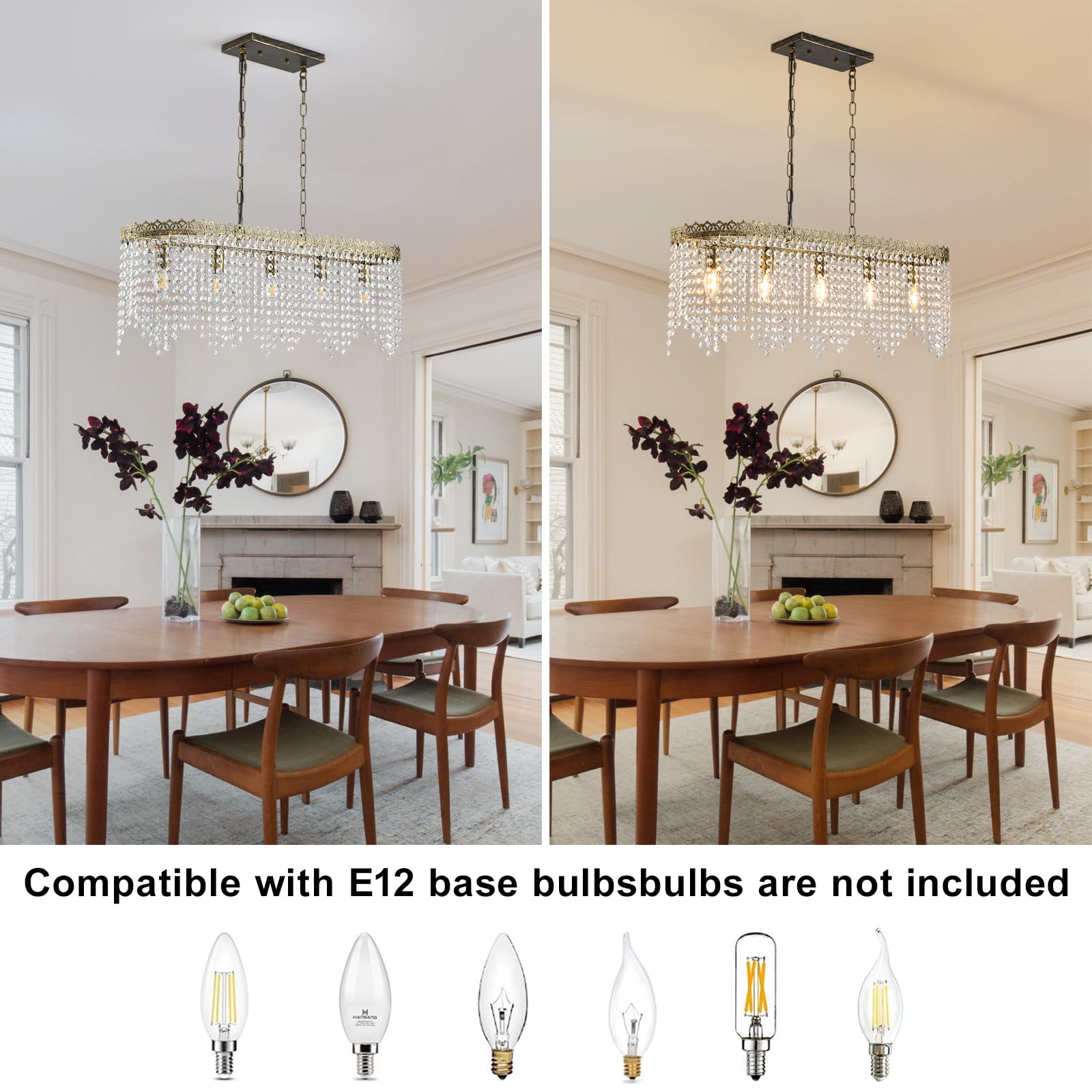 KAIQI 5 Lights Rectangle Oval K9 Crystal Chandelier Antique Bronze Pendant Light Fixture for Dining Room, Living Room, Pool Table Light, Kitchen Island Lighting,L31.5Inchs x W8.66Inchs x H11Inchs
