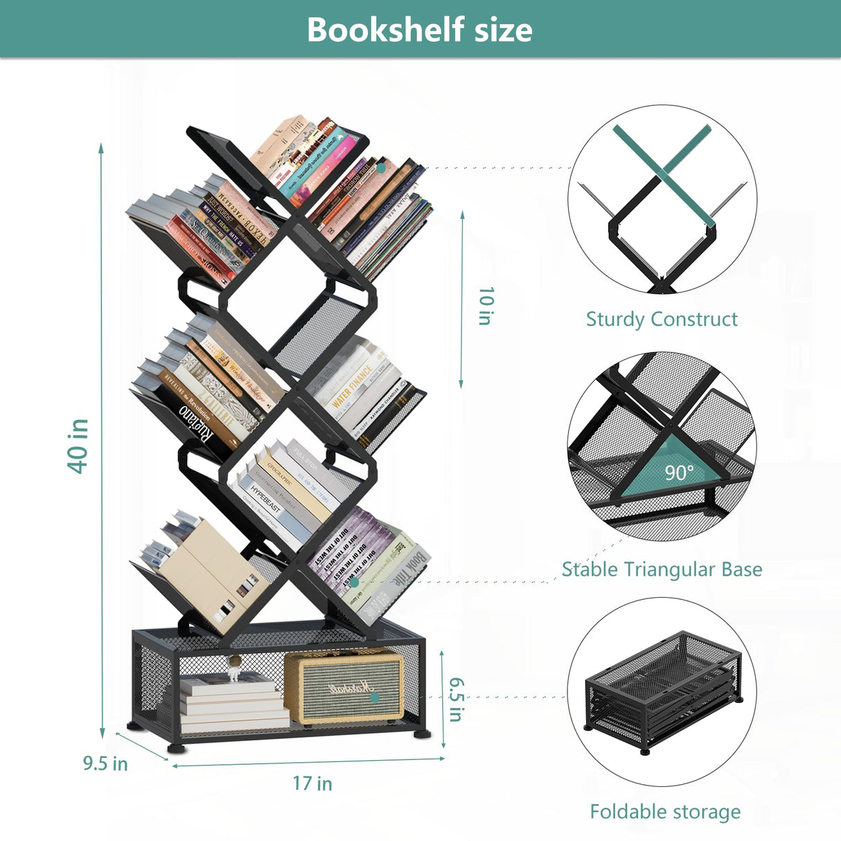 HI NINGER Folding Bookshelf,9 Tier Tree Bookshelf with Storage Cabinet,Stylish Design Metal Bookshelf for Display of CDs,Books in Living Room,Home Office,Tall Floor Standing Book Organizer for Bedroom