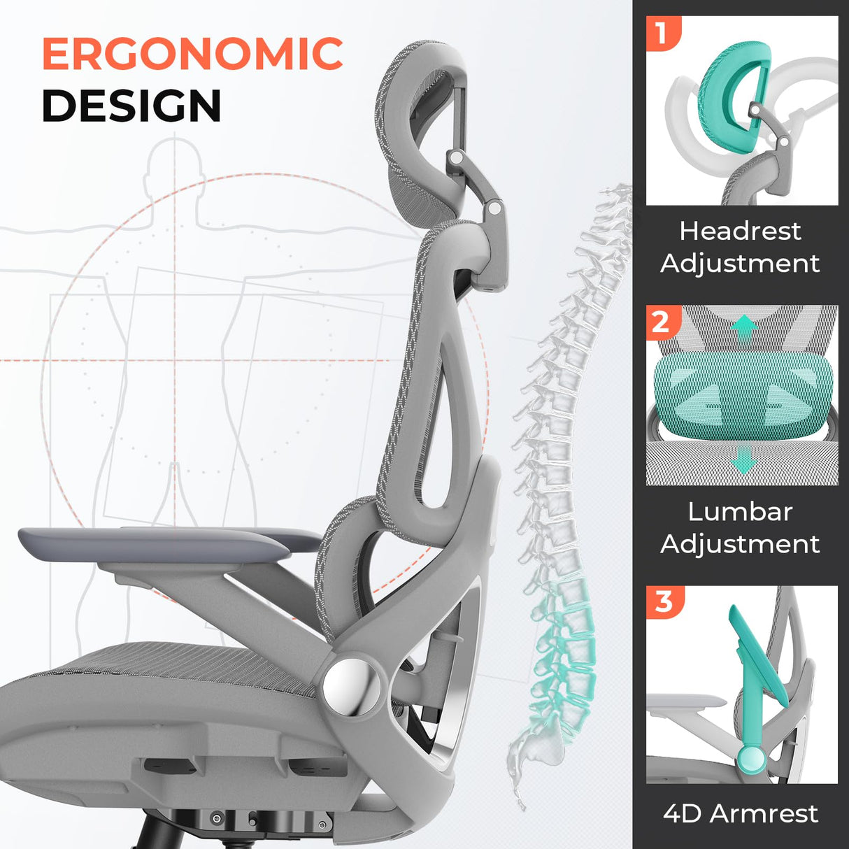 Ergonomic Mesh Office Chair - High Back with Adjustable Lumbar Support