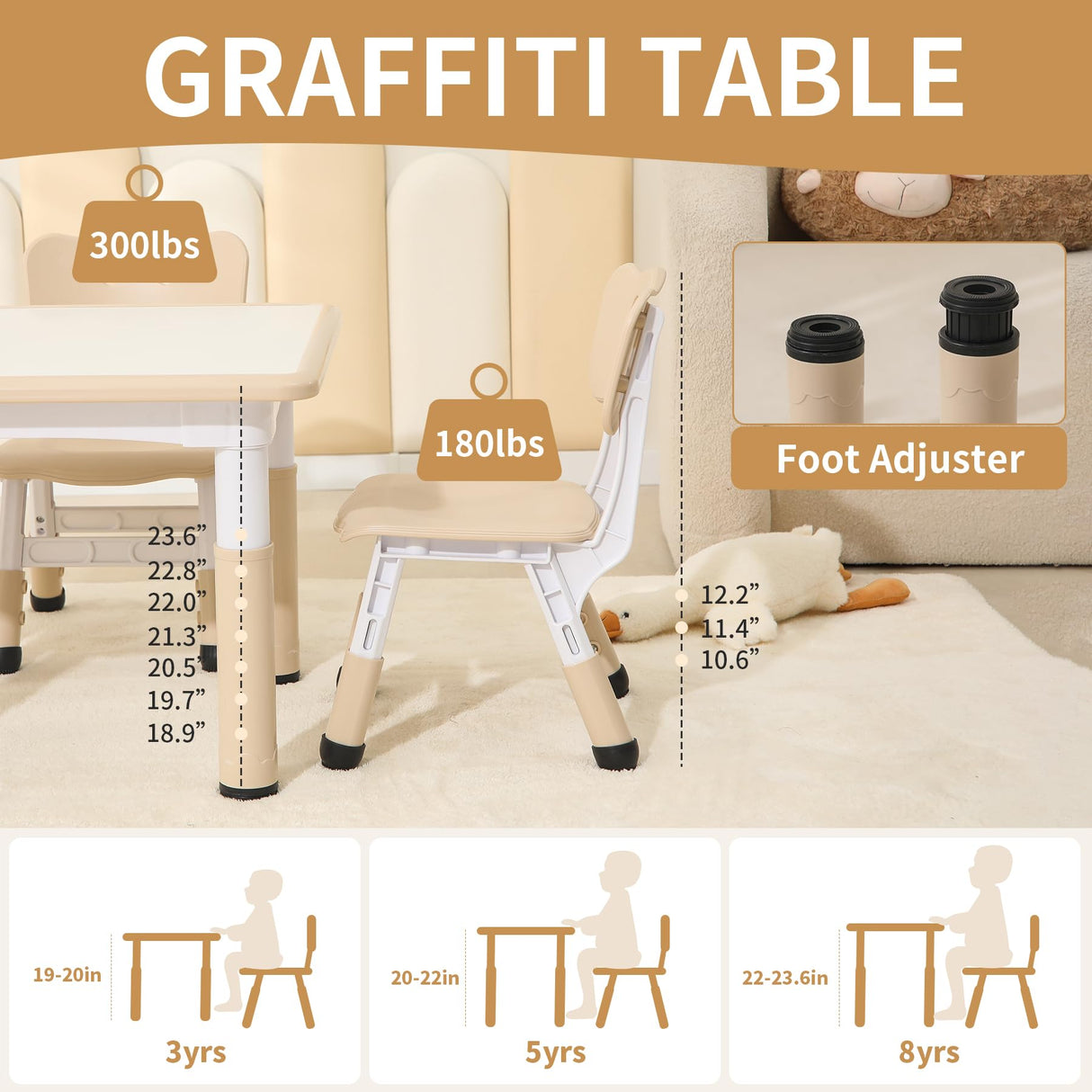 Hulaibit Kids Table and 2 Chairs Set, Height Adjustable Toddler Table and Chairs with Anti-Slip Foot Covers, Graffiti Desktop Arts & Crafts Table for Daycare, Classroom