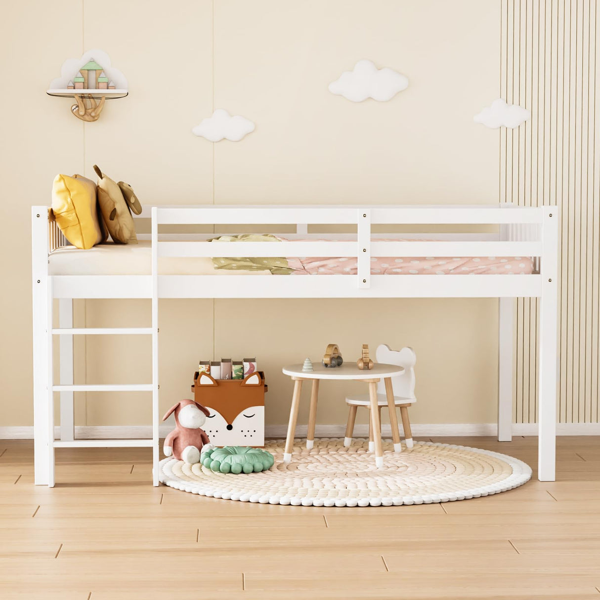 Bed Low Loft Bed Frame for Little Kids Small Room/Low Ceiling Bedrrom with Guardrail and Ladder, White