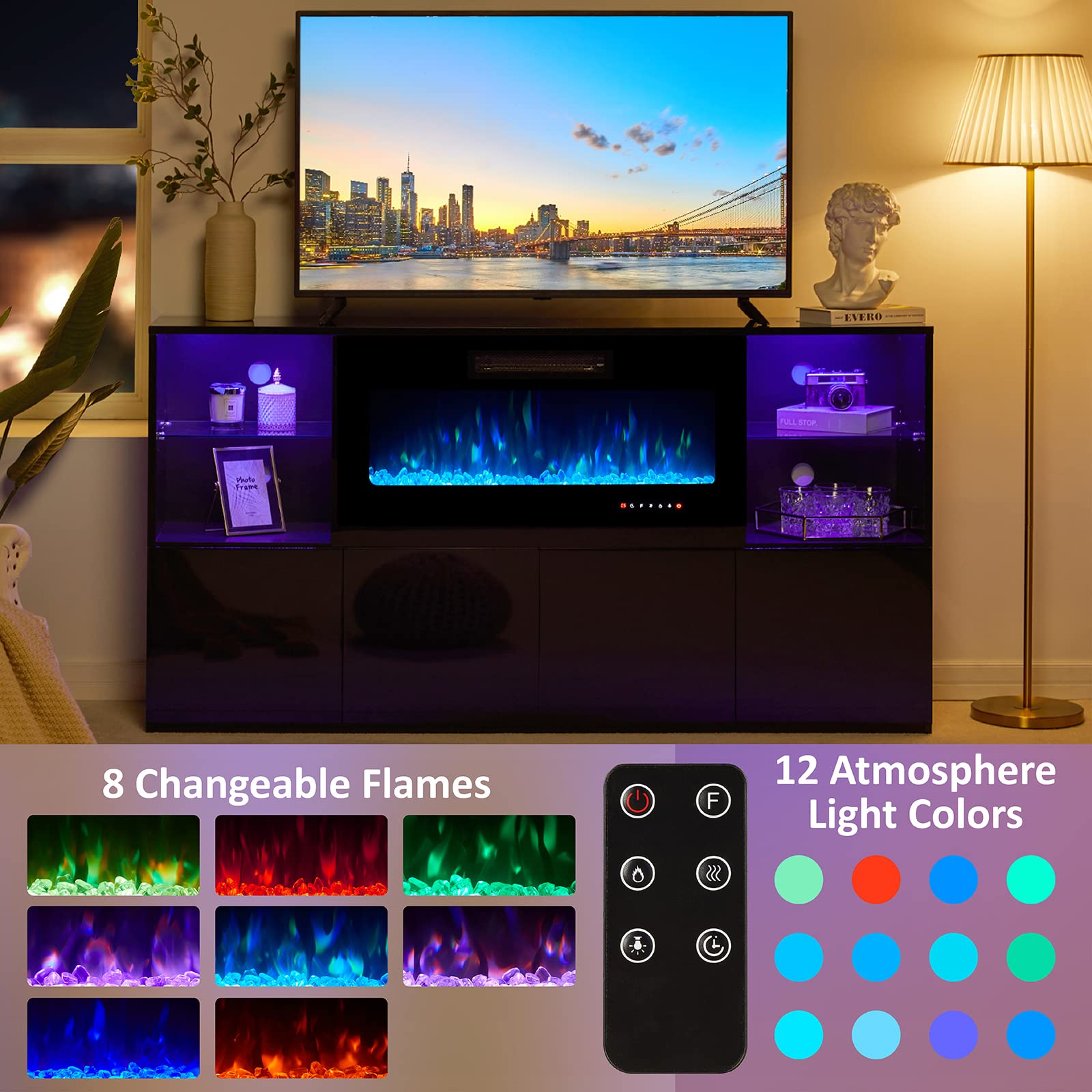 3 Piece Modern High Gloss Fireplace TV Stand + Bookcase Set