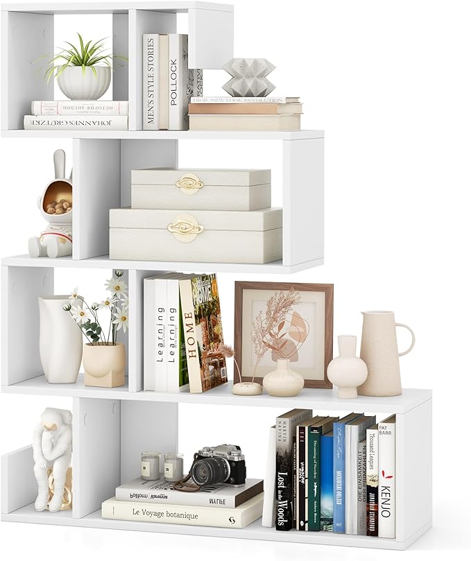 Shaped Bookshelf, 5-Tier Modern Geometric Stepped Bookcase with Anti-Tipping Kits, Freestanding Corner Ladder Display Rack for Living Room Home Office (1, Black)