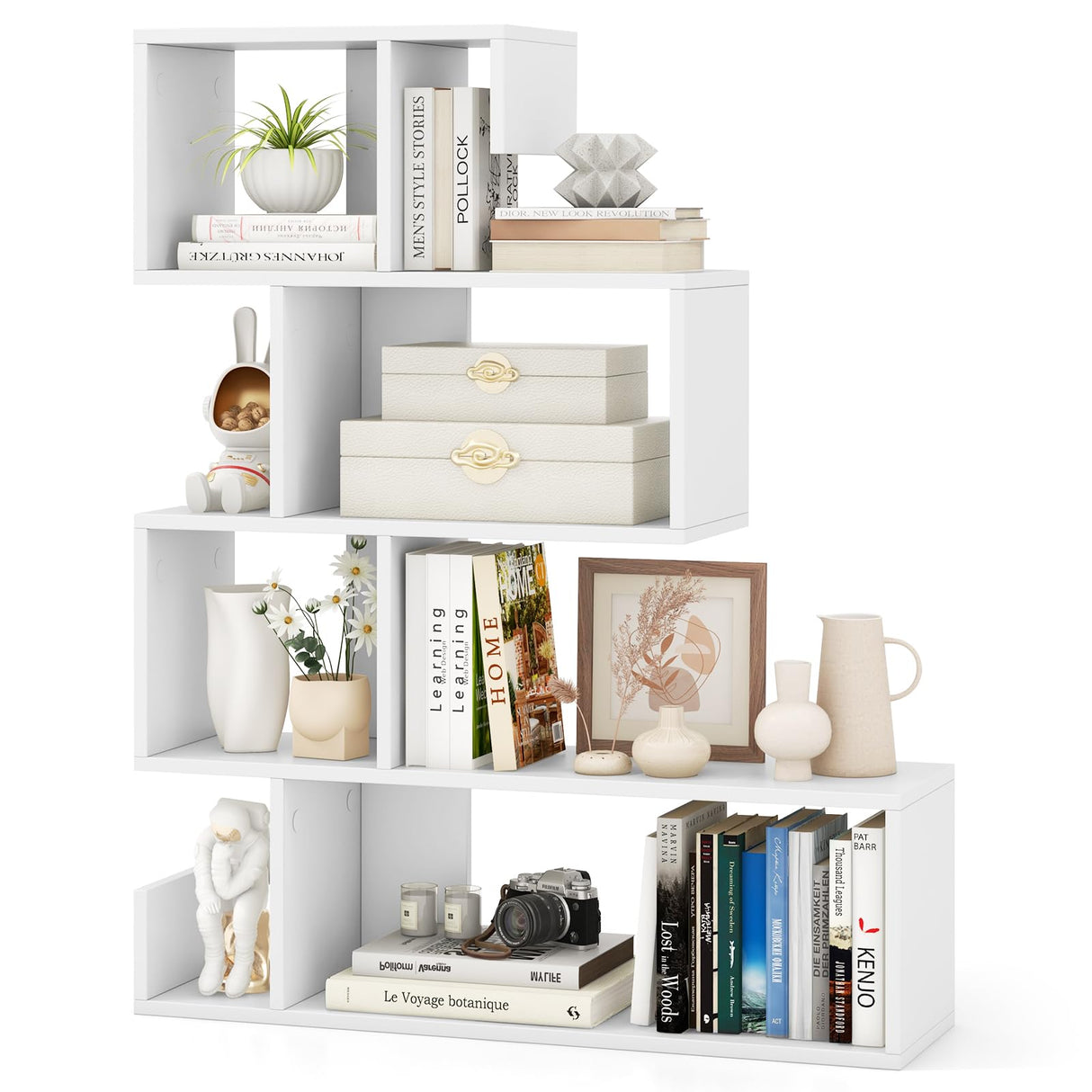 Tangkula S-Shaped Bookshelf, 5-Tier Modern Geometric Stepped Bookcase with Anti-Tipping Kits, Freestanding Corner Ladder Display Rack for Living Room Home Office (1, White)
