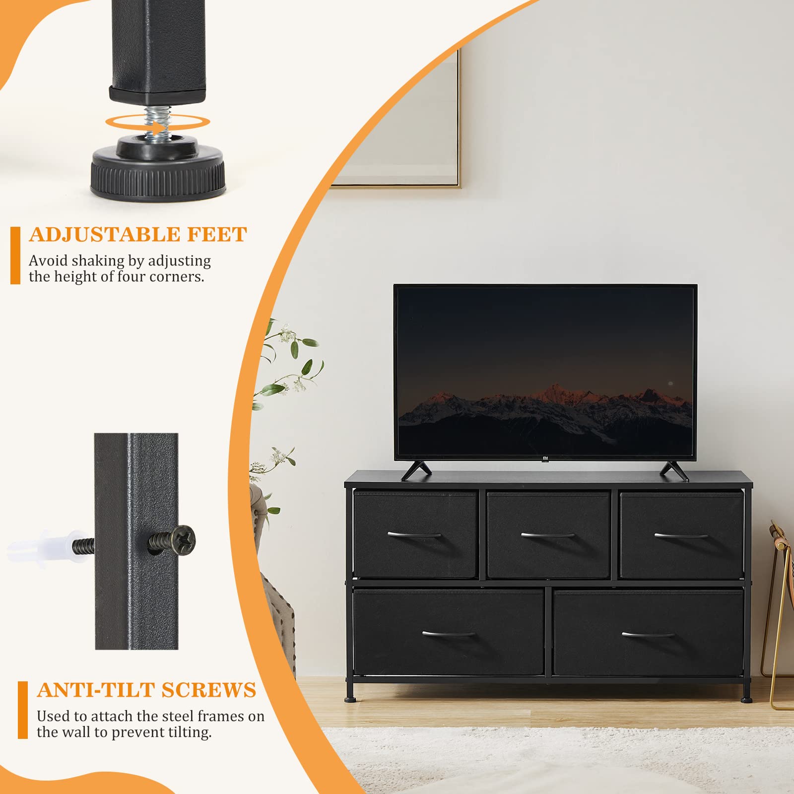 Dresser for Bedroom 5 Fabric Drawers Dresser Clothes Cabinet Storage Organizers