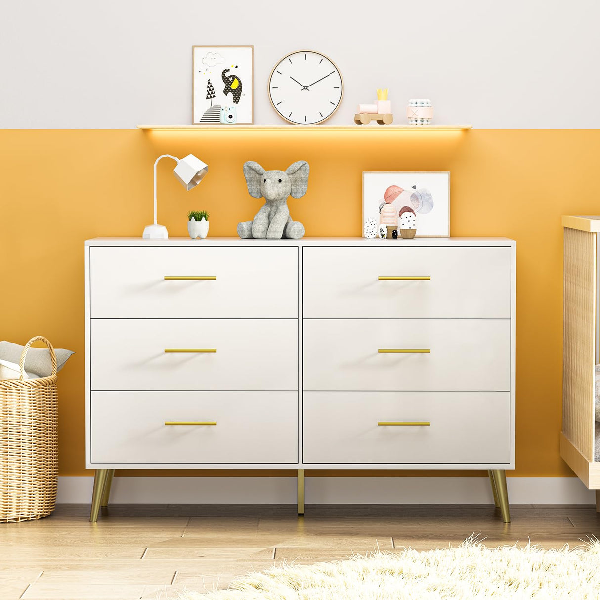 White Dresser for Bedroom, 6 Drawer Dresser