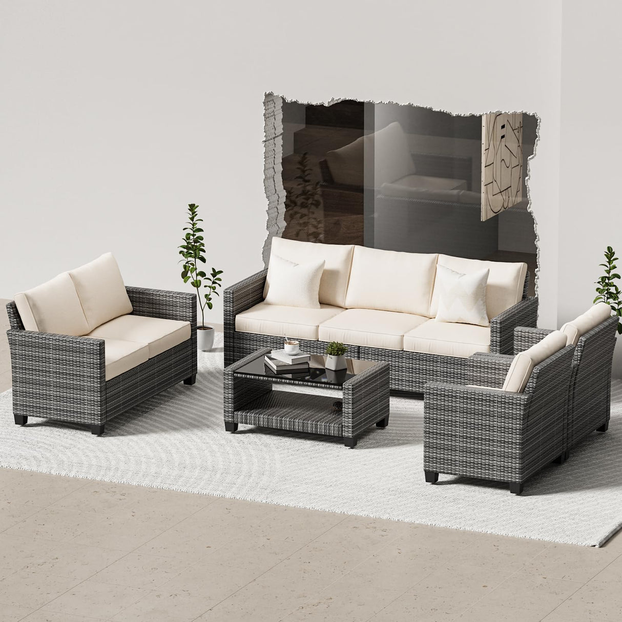 Patio Furniture Set 5 Pieces, Outdoor Seating Furniture with 7 Seat and Glass Coffee Table