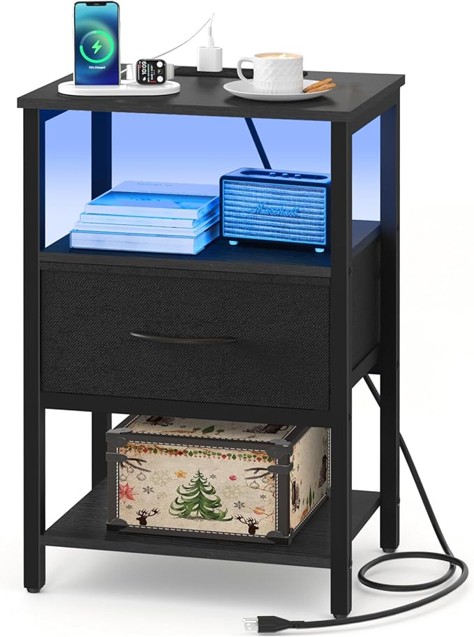 Side Table with Storage, LED Night Stand