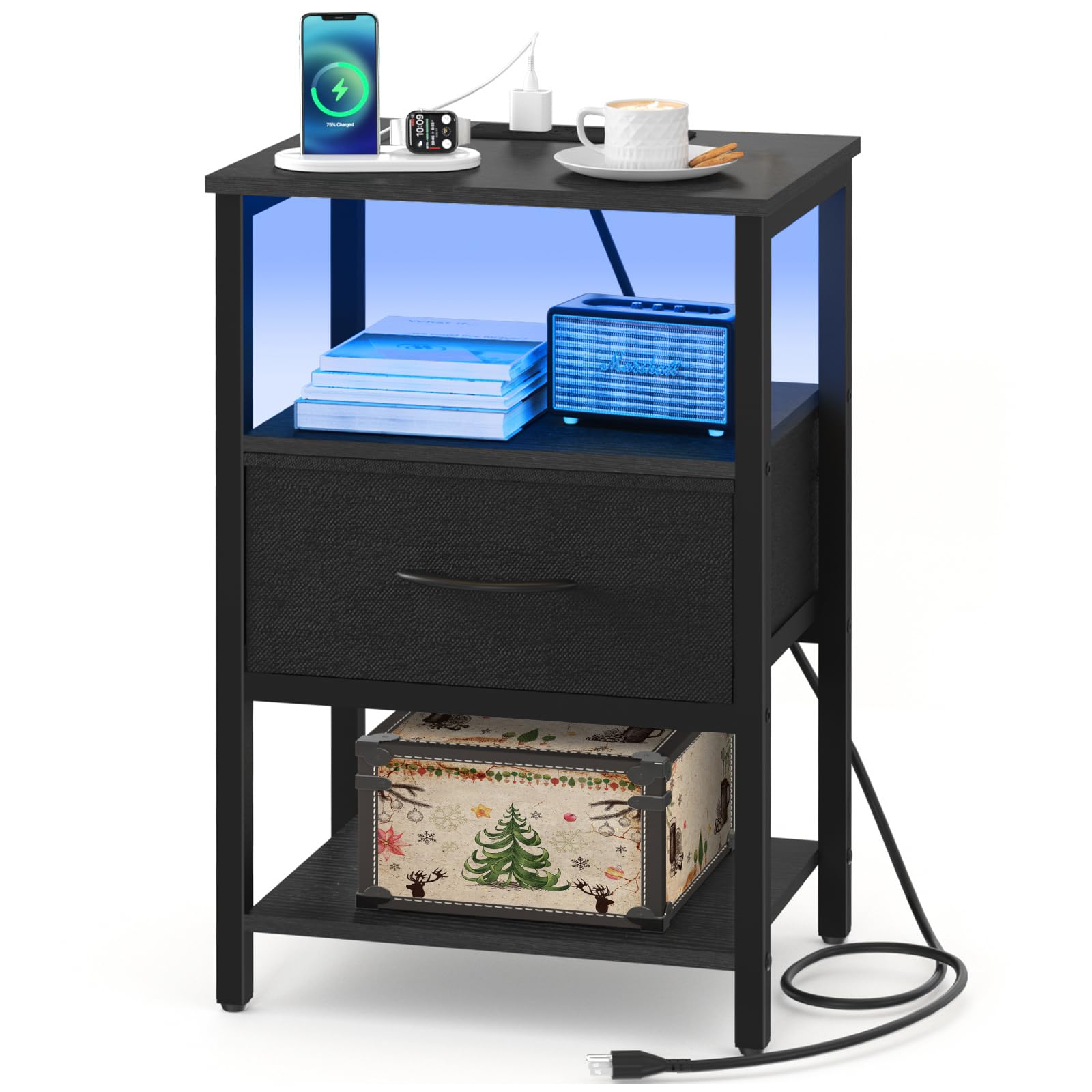 Side Table with Storage, LED Night Stand