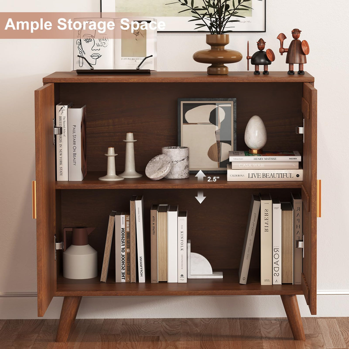 Century Walnut Storage Cabinet, Accent Cabinet with Solid Wood Legs