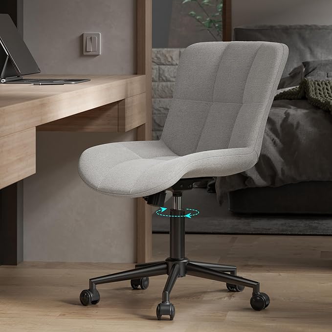 Armless Desk Chair with Wheels for Home Office, PU Leather Comfty Desk Chair Modern Height Adjustable, Swivel Computer Task Chairs, Cute Makeup Vanity Chair(Gray)