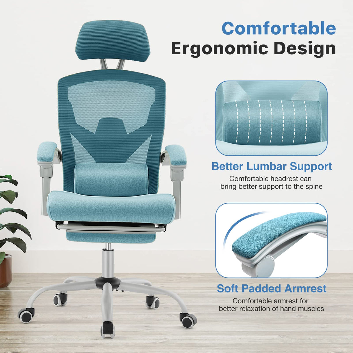 Ergonomic High-Back Mesh Office Chair with Footrest - Blue