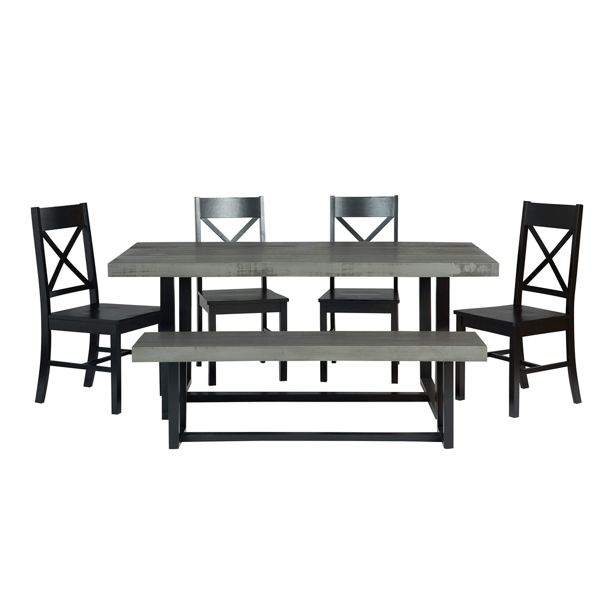 Walker Edison Barnes 6-Piece Rustic Metal and Wood Dining Table with X-Back Chairs, Set of 6, Grey/Black