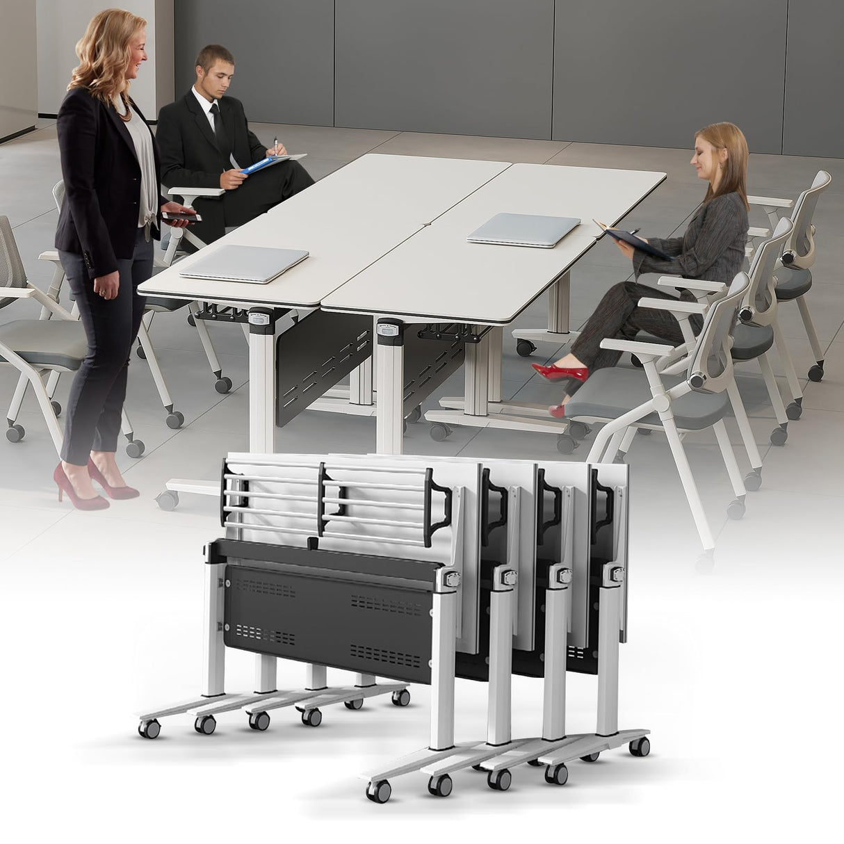 Table, Folding Conference Room Tables for 10-14 Person, Flip Top Mobile Meeting Training