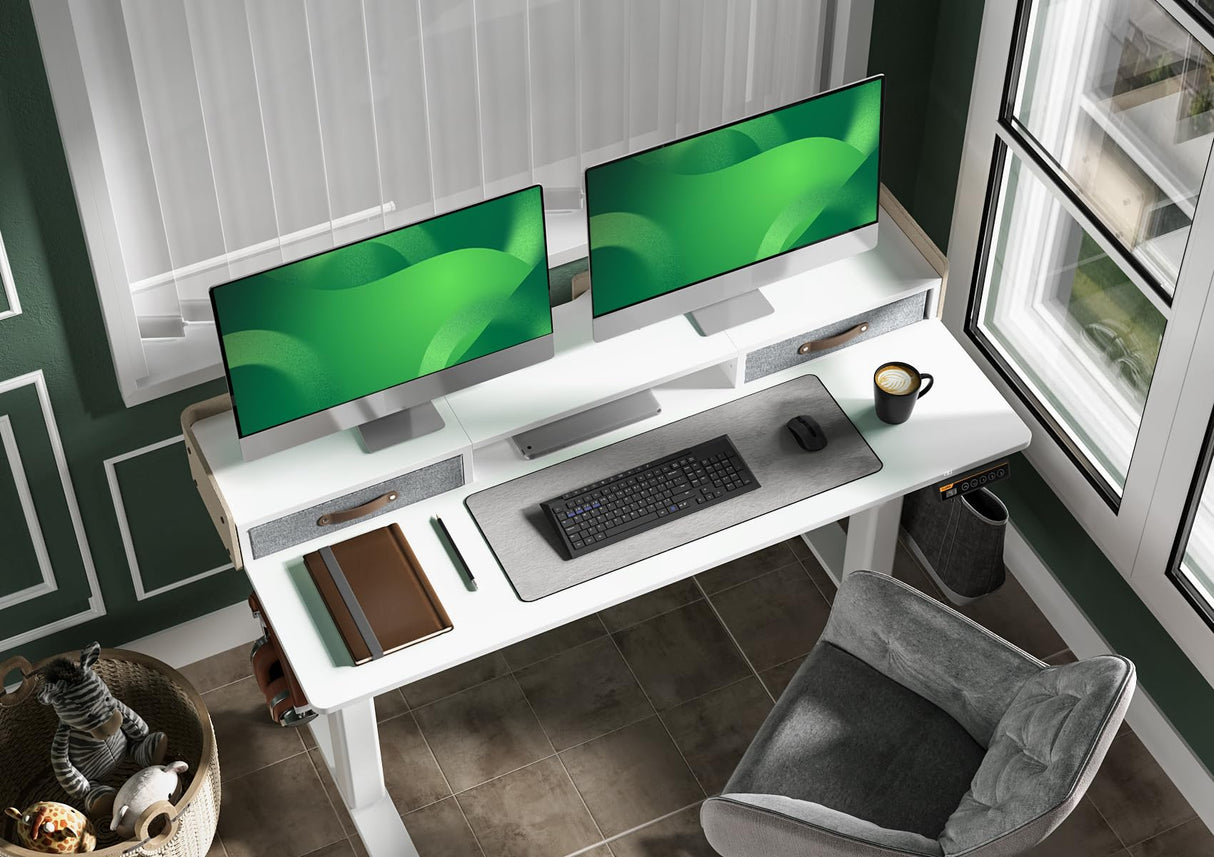Desk with Drawers, Adjustable Height Stand up Desk with Storage Shelf, Electric Small Sit Stand Desk with Splice Board, 48 Inch, White