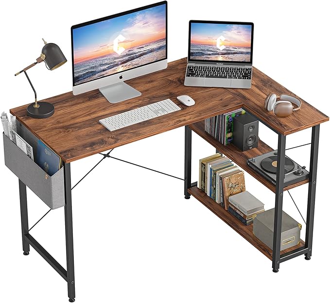 L Shaped Desk, 40 Inch Computer Desk with Reversible Storage Shelves Home Office Corner Desk Study Writing Table, Deep Brown