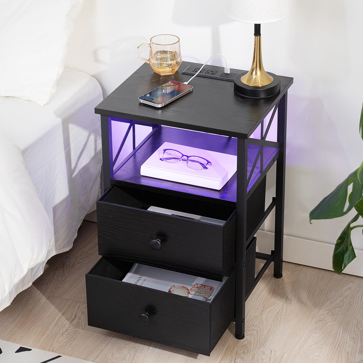 Night Stand Set 2, LED Nightstands for Bedroom Set of 2 with Charging Station