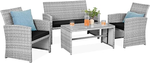 4-Piece Outdoor Wicker Patio Conversation Furniture Set for Backyard w/Coffee Table