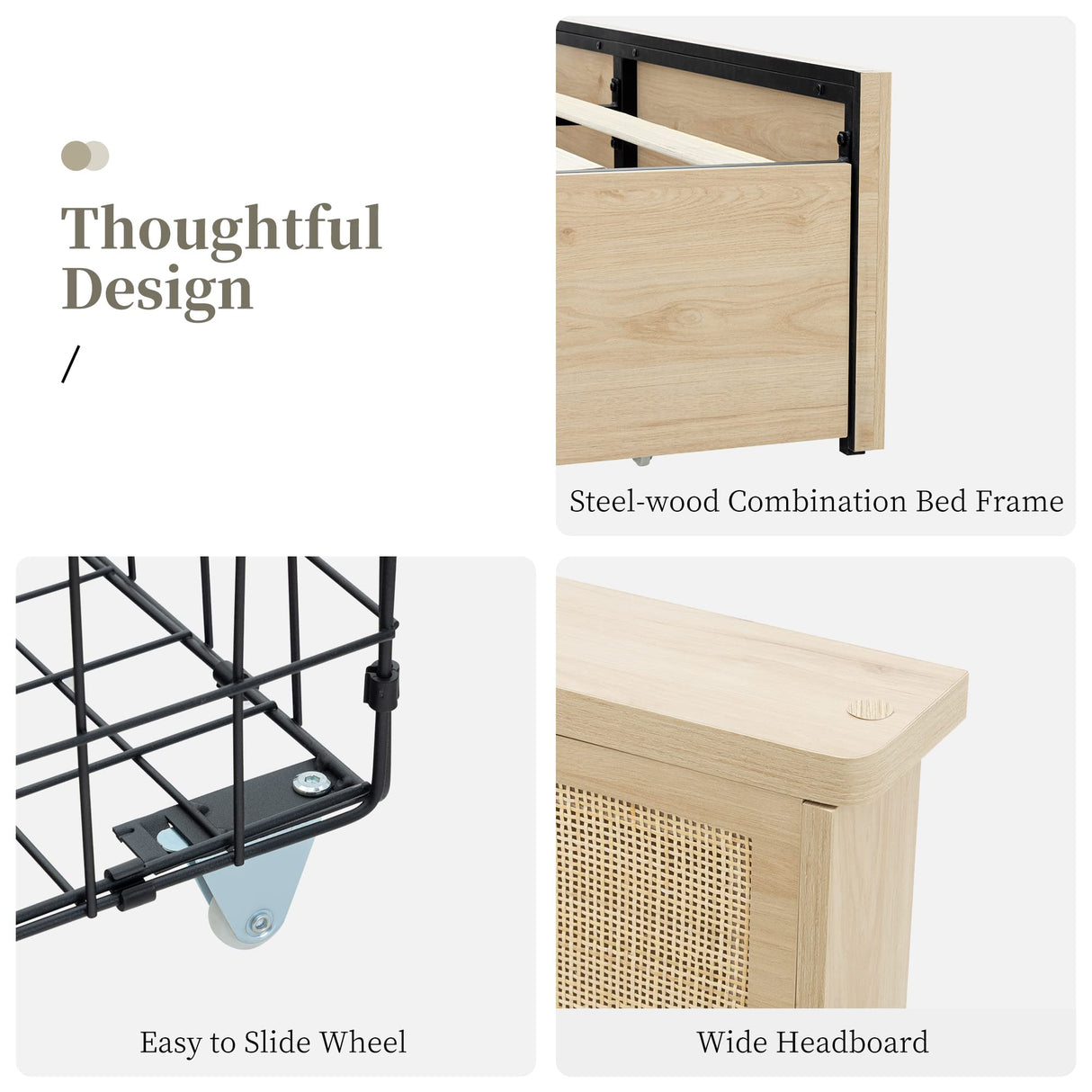 Yechen Queen Bed Frame – Natural Rattan Headboard, Metal Frame + 4 Storage Drawers