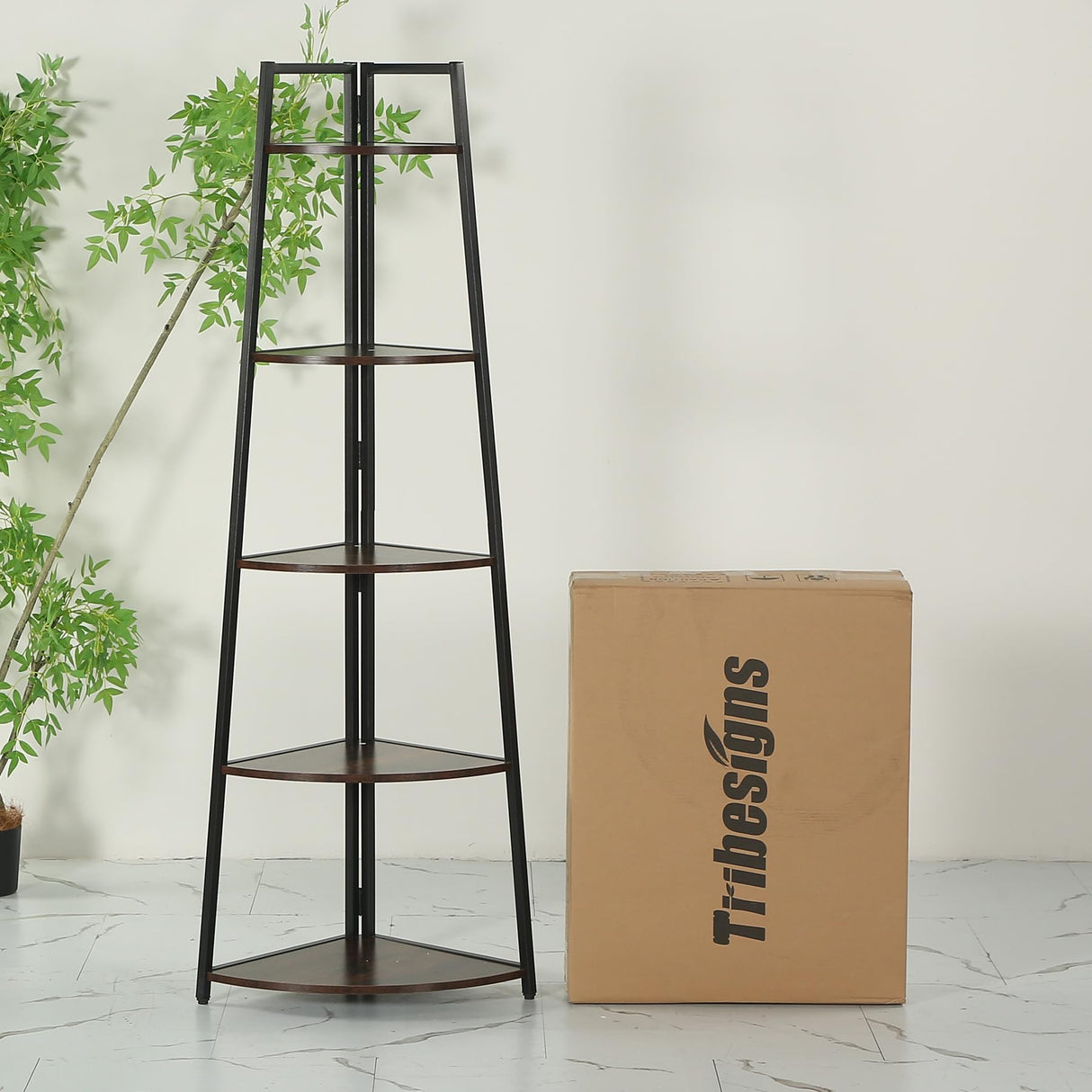 70 inch Tall Corner Shelf, 5 Tier Rustic Corner Bookshelf Bookcase Industrial Corner Ladder Shelf Plant Stand for Living Room, Kitchen, Home Office (Brown)