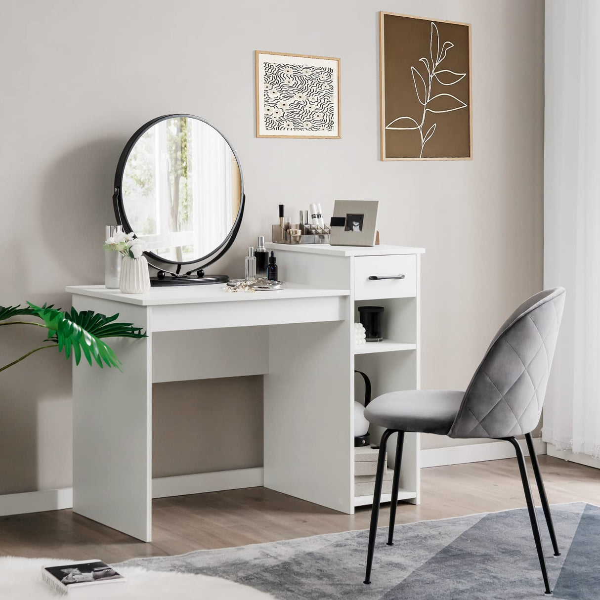 White Computer Desk, 40" Study Writing Desk with Drawers and Printer Shelves, Modern