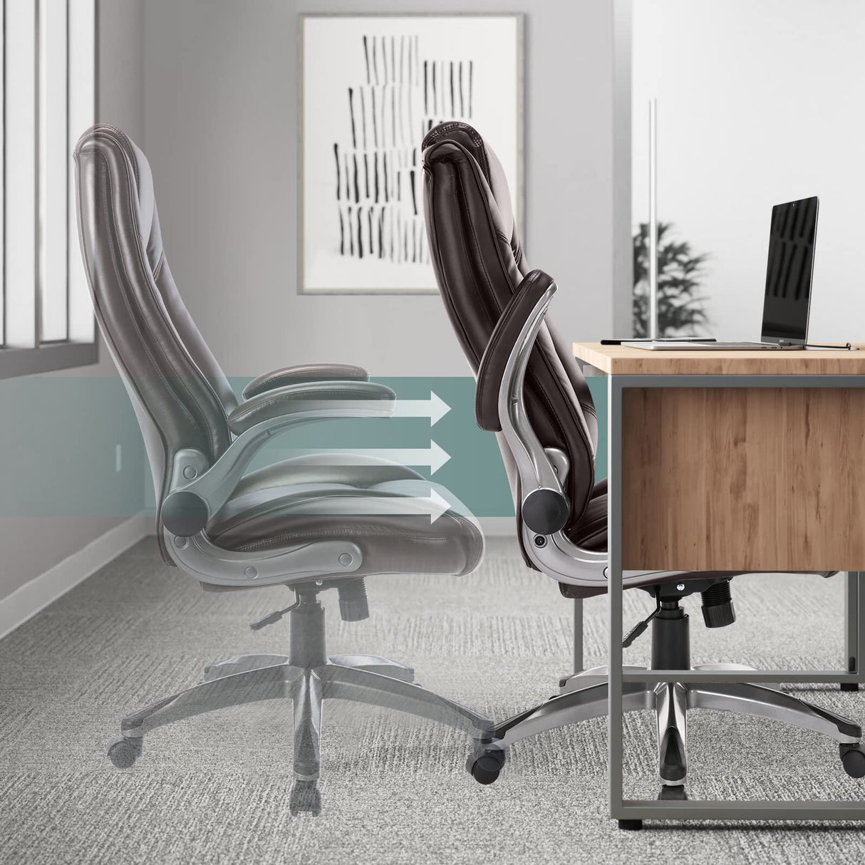 Leather Executive Office Chair - High Back Ergonomic Desk Chair with Flip-Up Arms