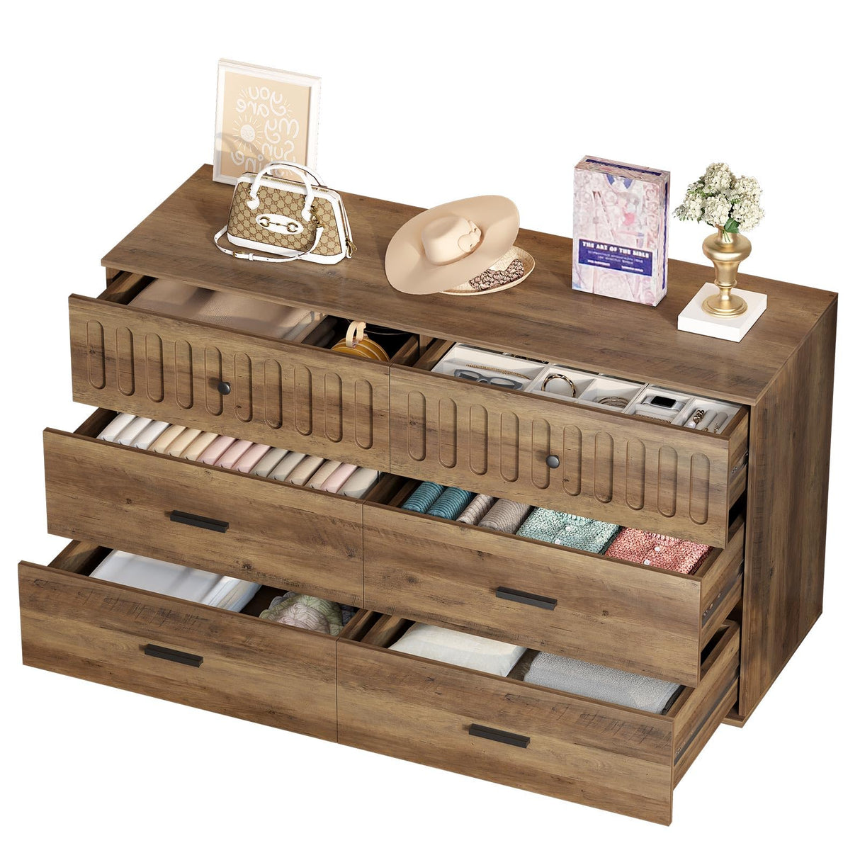 Farmhouse Dresser for Bedroom Modern 6 Drawer Dresser Fluted Chest of Drawers