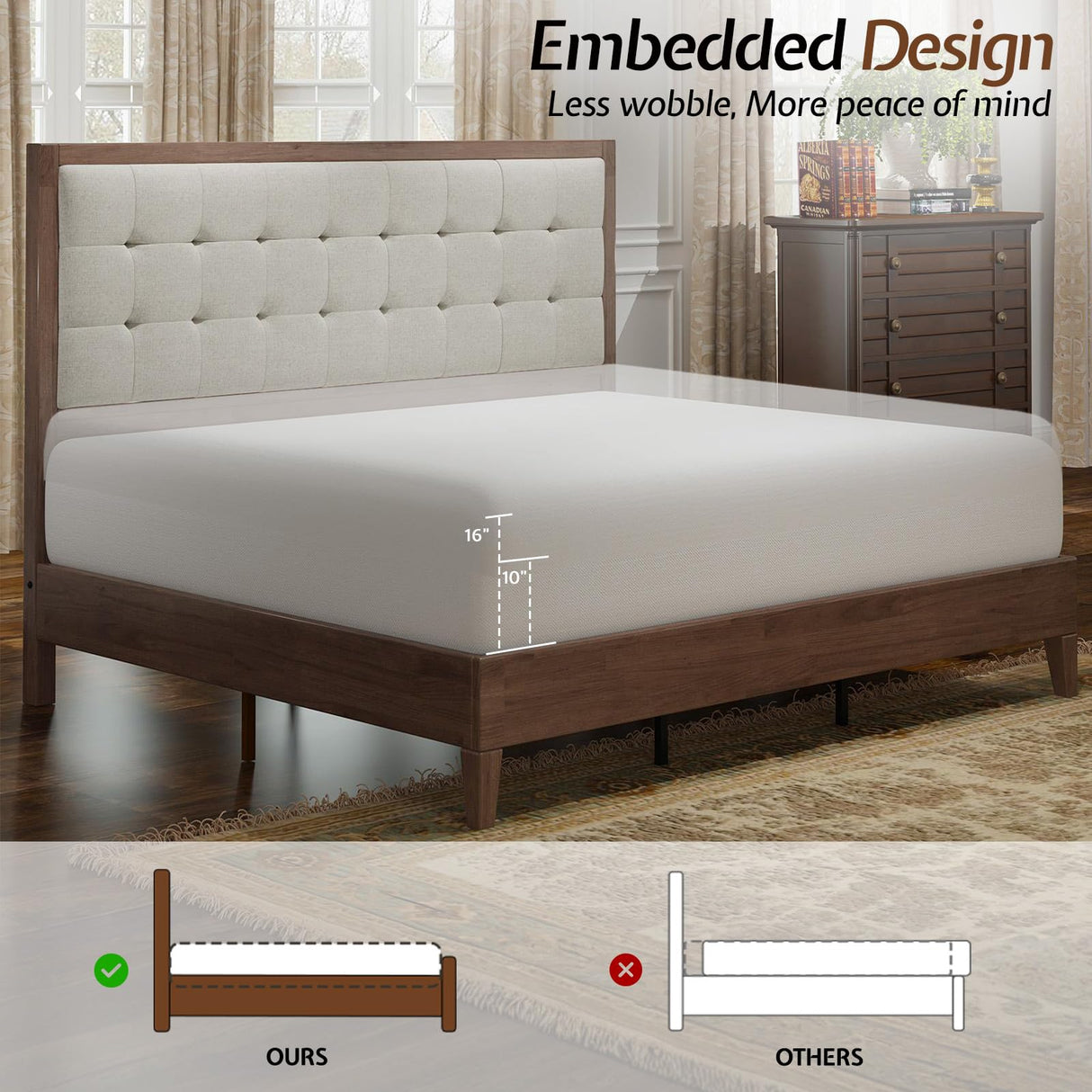 King Size Wood Bed Frame with Tall Tufted Headboard - Walnut