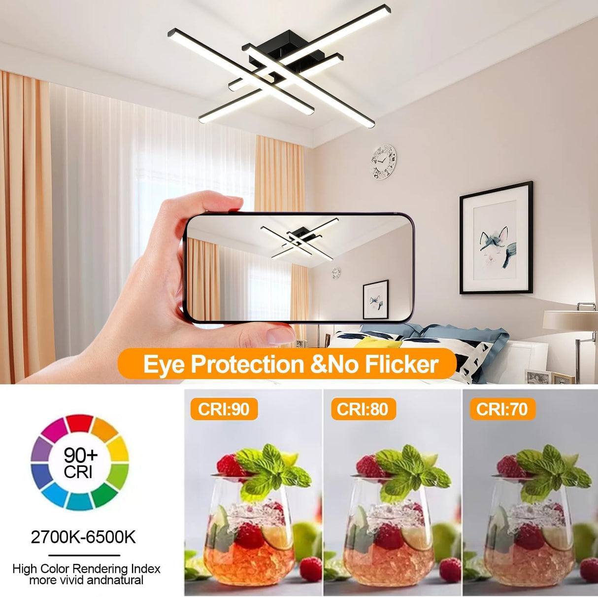 LED Ceiling Light Fixture, Dimmable Close to Ceiling Light with Remote Control Black