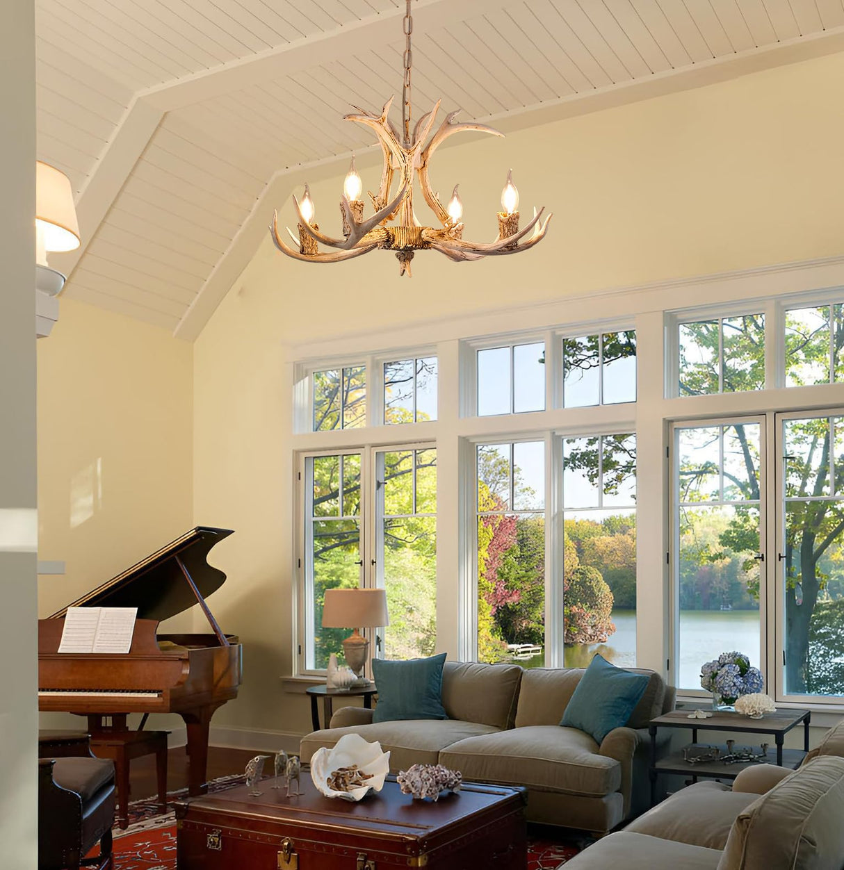 Vimatto Rustic Antler Chandelier 4-Light 25inch Old White Farmhouse Art Deco Antler Light Fixture for Dining Room, Kitchen Island & Living Room(White 4 Lights)