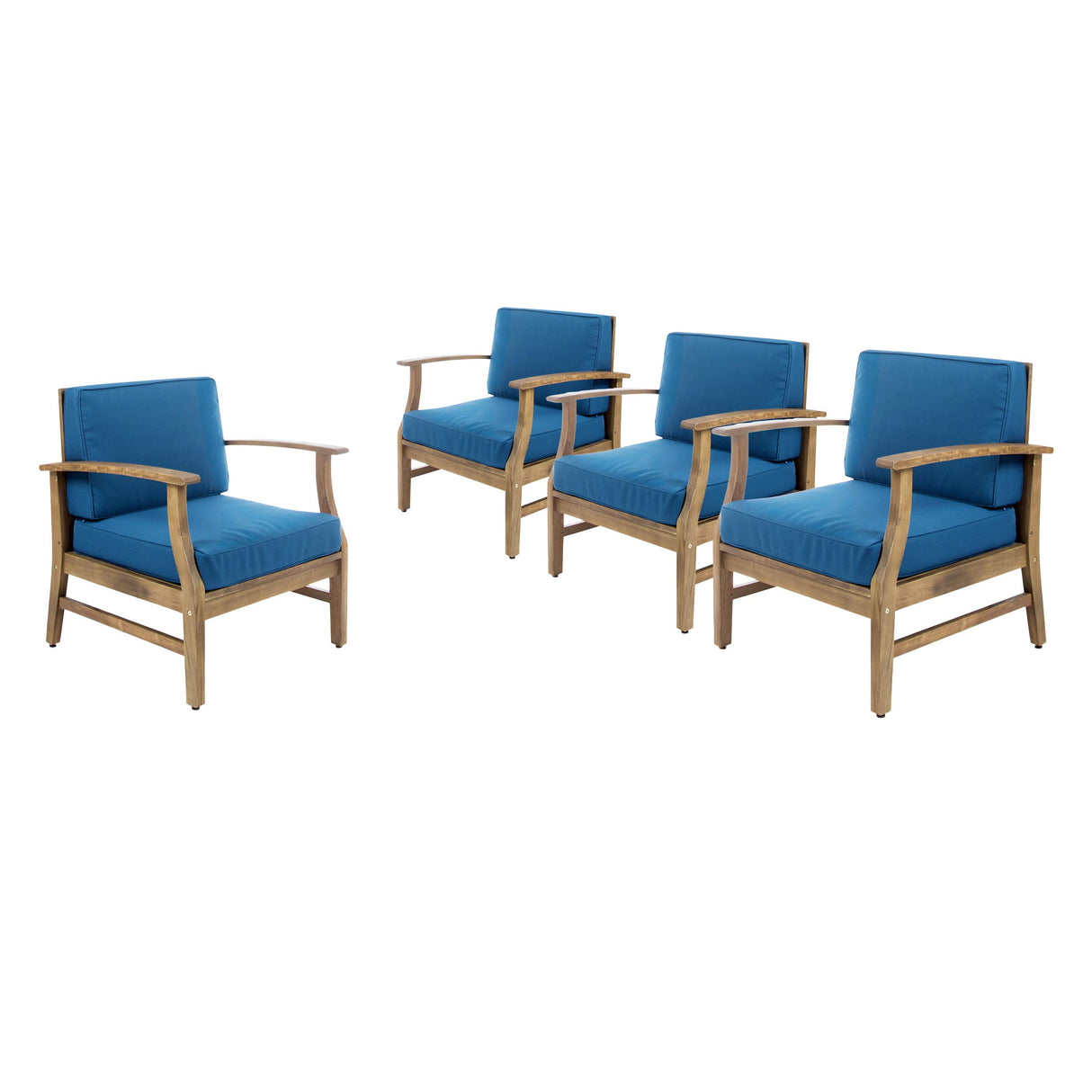 Perla Outdoor Acacia Wood Club Chairs with Water Resistant Cushions (Set of 4), 4-Pcs Set, Teak Finish/Blue