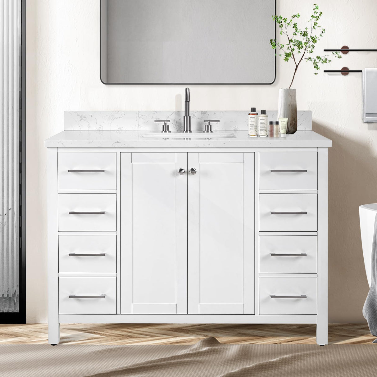 48’’White Bathroom Vanity with Sink,Solid Wood Bathroom Cabinet with Carrara