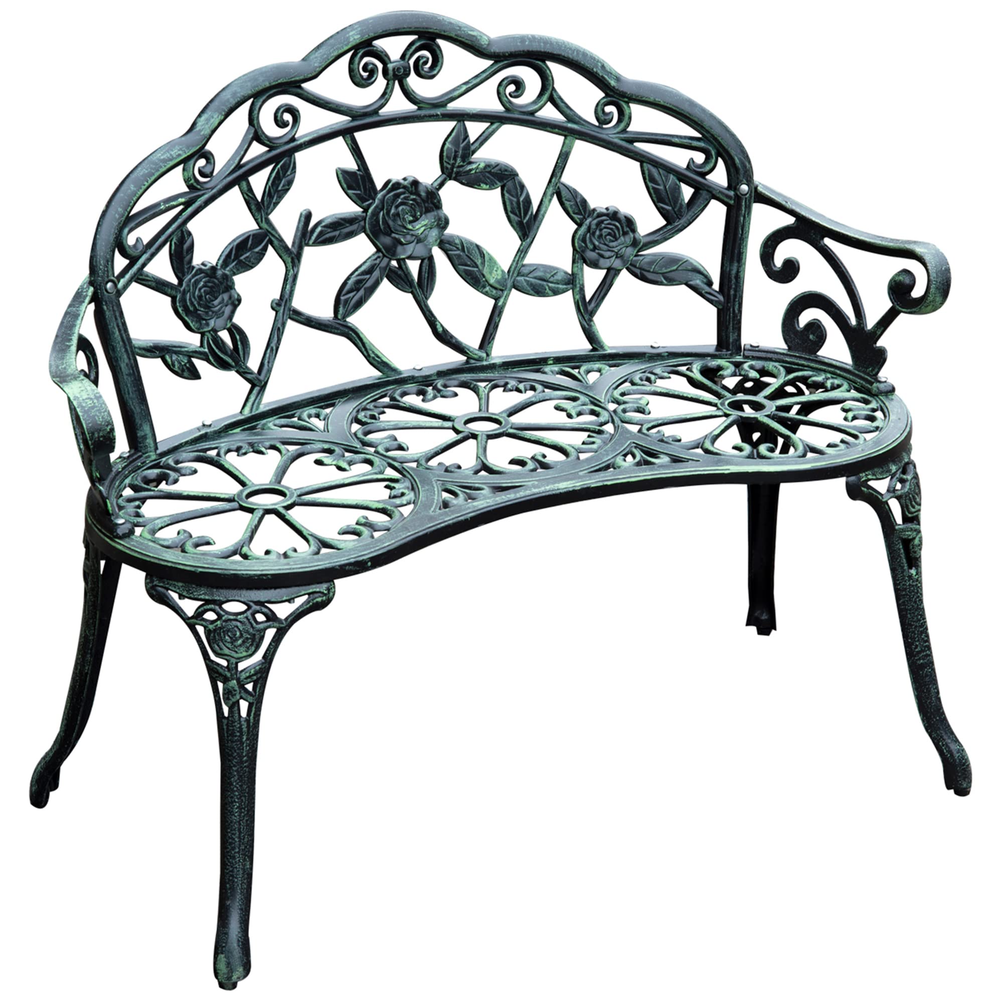 Outdoor Bench, Cast Aluminum Outdoor Furniture, Metal Bench with Floral Rose Accent