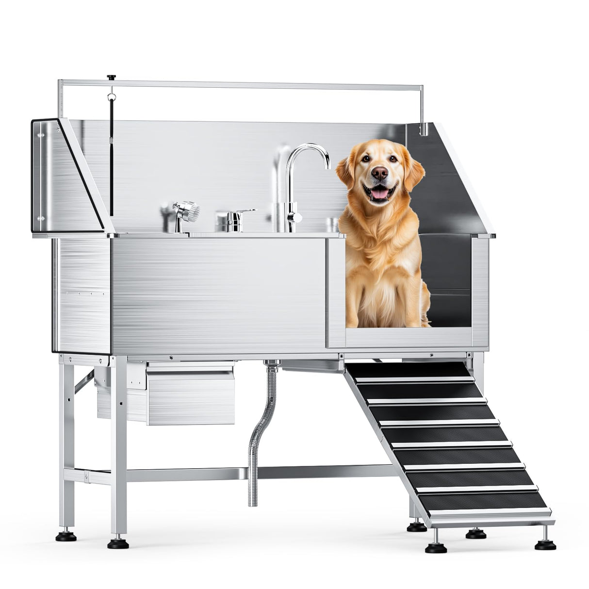 Professional 56" Dog Washing Station - Stainless Steel Grooming Tub with Ramp