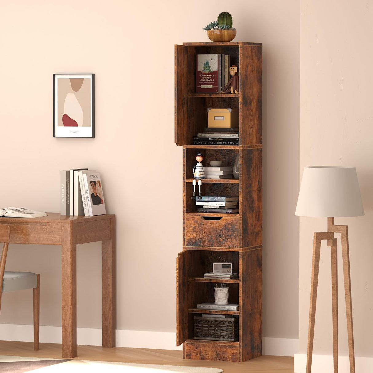8 Tier Wooden Bookcases and Bookshelves, 67'' Tall Bookcase with 2 Doors and 1 Drawer,