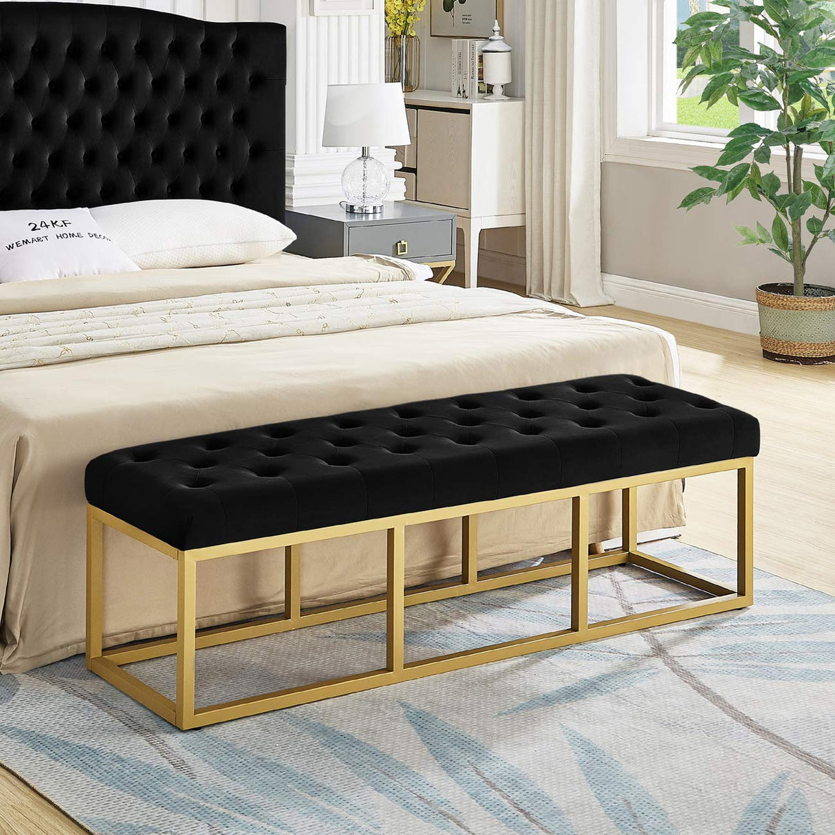 Upholstered Tufted Long Bench with Golden Metal Leg, Black Velvet Bench