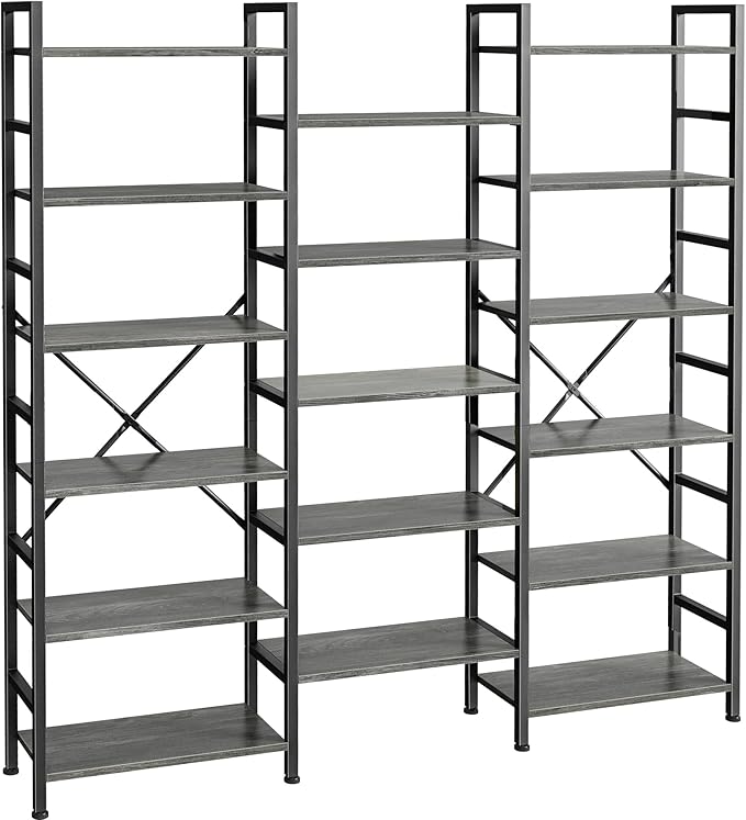 Triple 4 Tier Bookshelf, Bookcase with 11 Open Display Shelves, Wide Book Shelf Book Case for Home & Office, Rustic Brown