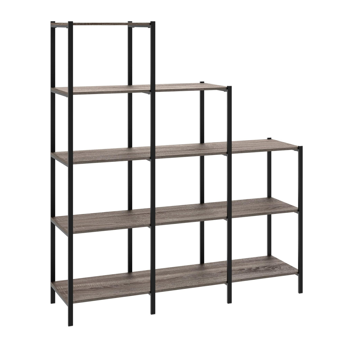 Ladder Step Bookcase, 5 Tier, 7 Shelves, Display Shelf for Living Room or Office, Industrial Black Metal and Wood, Weathered Gray